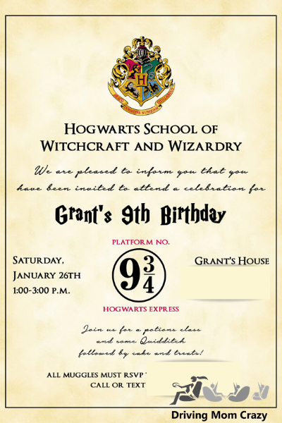 Harry Potter birthday party invitation example