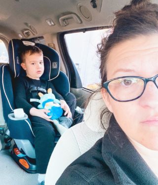 mother in car with preschool child with thoughts due to anxiety