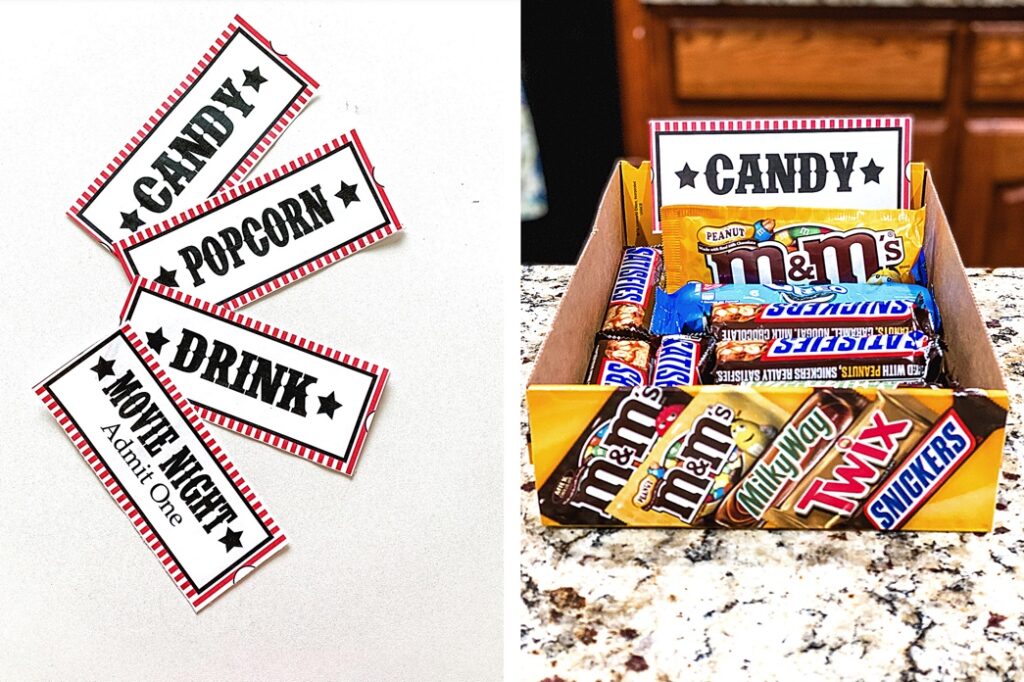 movie theater tickets and coupon printables next to a box of candy bars