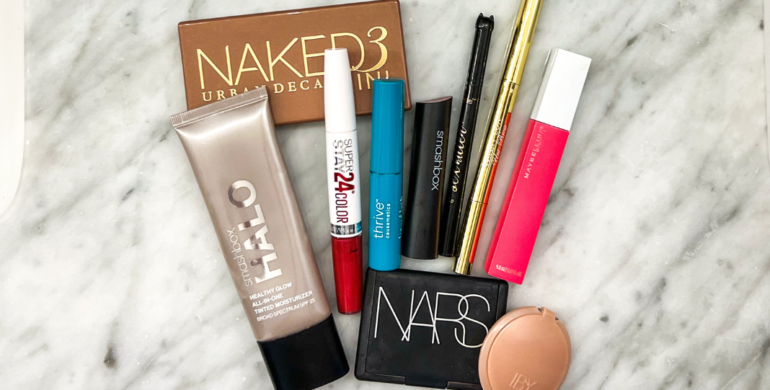 Pictured Low-Maintenance Makeup For Moms: Urban Decay Naked 3, Smashbox Halo, Maybelline SuperStay Lipstick, Nars Blush, IBY Highlighter, and Winky Lux eyebrow pencil