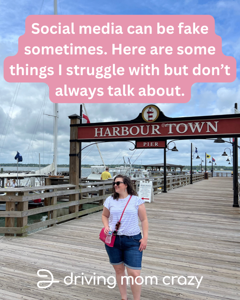 body image struggles as a mom. Mom posing on a deck saying, "social media can be fake sometimes."